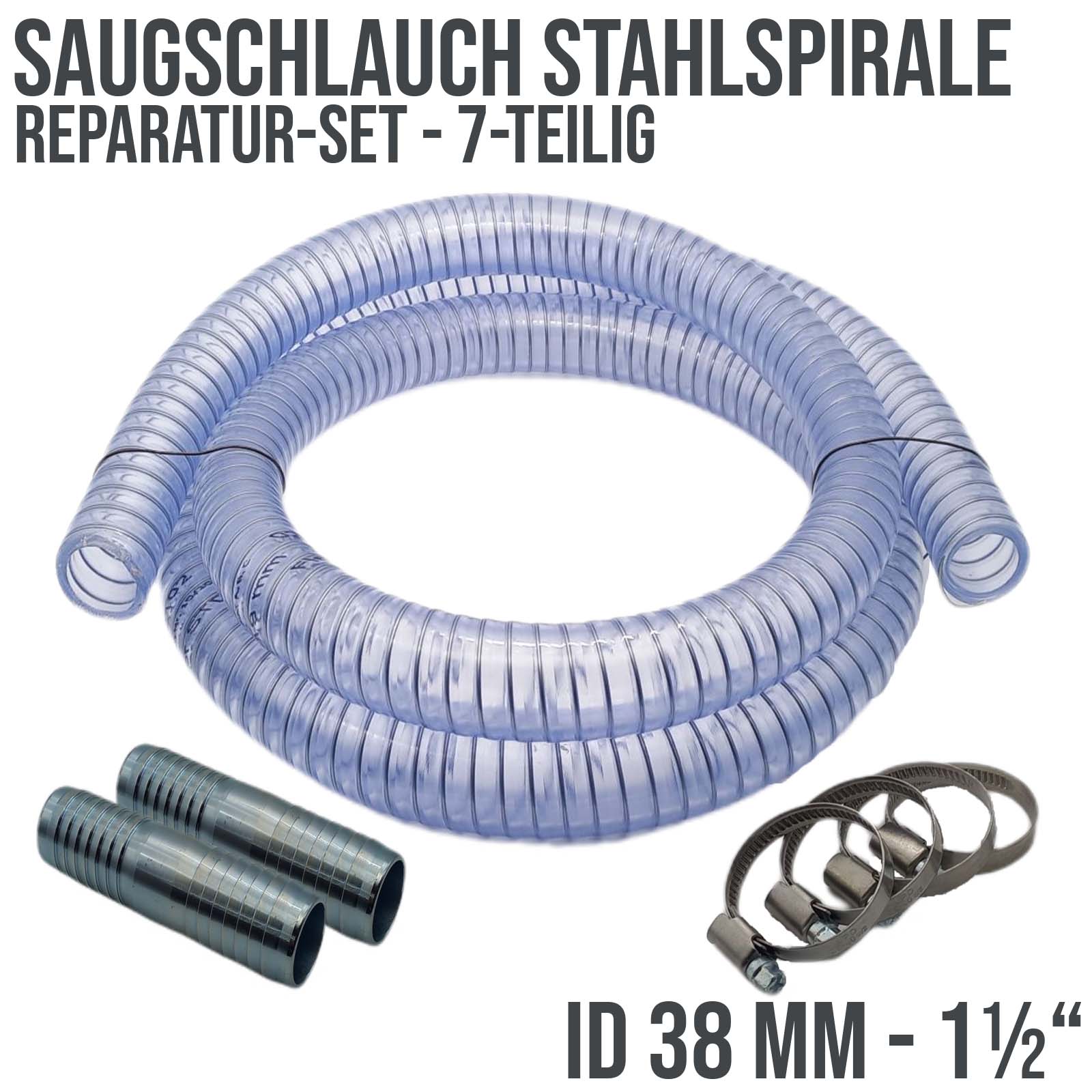 Schlauch Reparatur Set PVC Saugschlauch Stahlspirale Verlängerung 38 mm 1 1/2" - 7-teilig