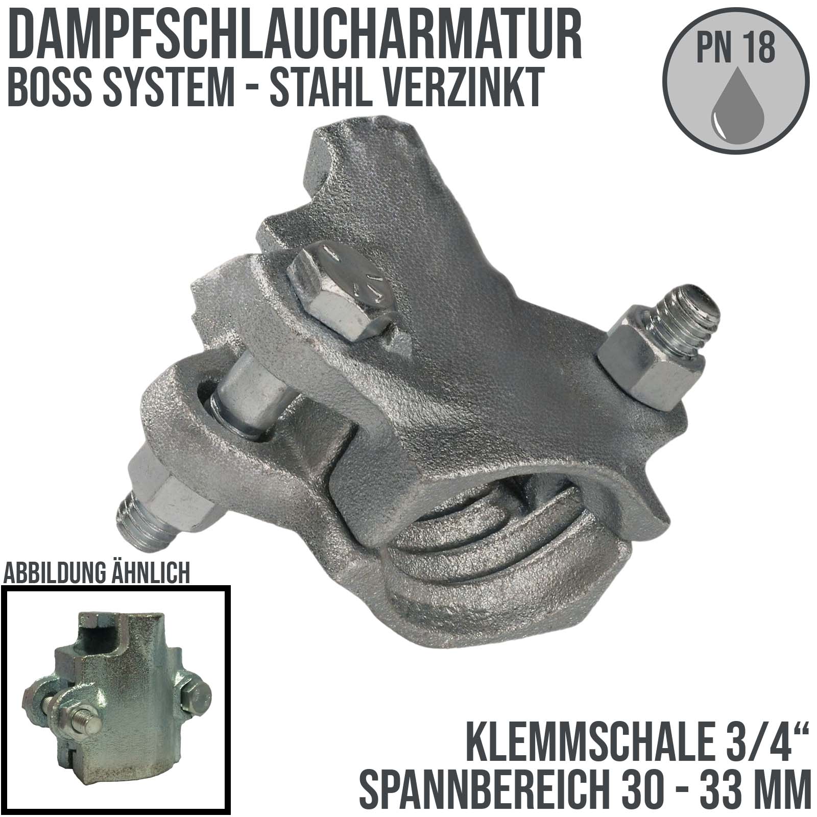 3/4" BOSS Klemmschale Dampfschlaucharmatur Edelstahl AISI 316 - Spannbereich 30 - 33 mm - PN 18 bar