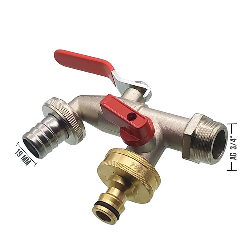 3/4" Messing Auslauf Ventil Hahn 2-fach Auslass 19 mm Tülle Click System PN 10 bar