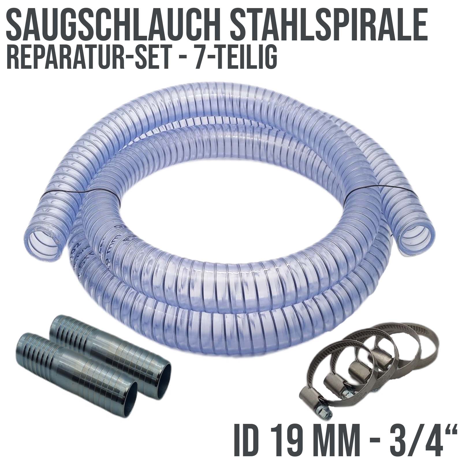 Schlauch Reparatur Set PVC Saugschlauch Stahlspirale Verlängerung 19 mm (3/4") - 7-teilig