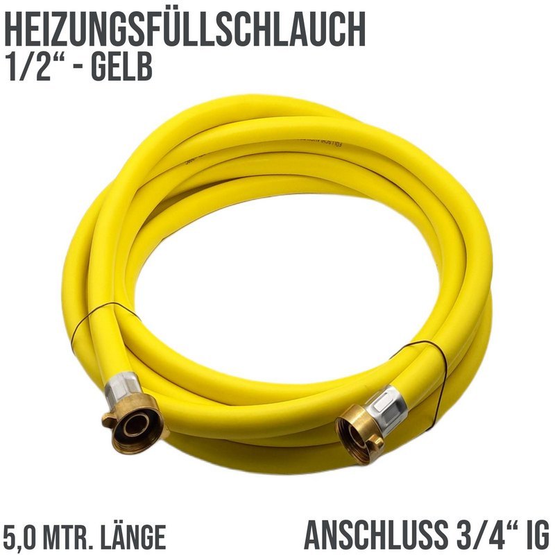5 m Heizungs Füll Wasser Heizkörper Radiator Sanitär Schlauch gelb - 3/4" Anschluss - PN 8 bar