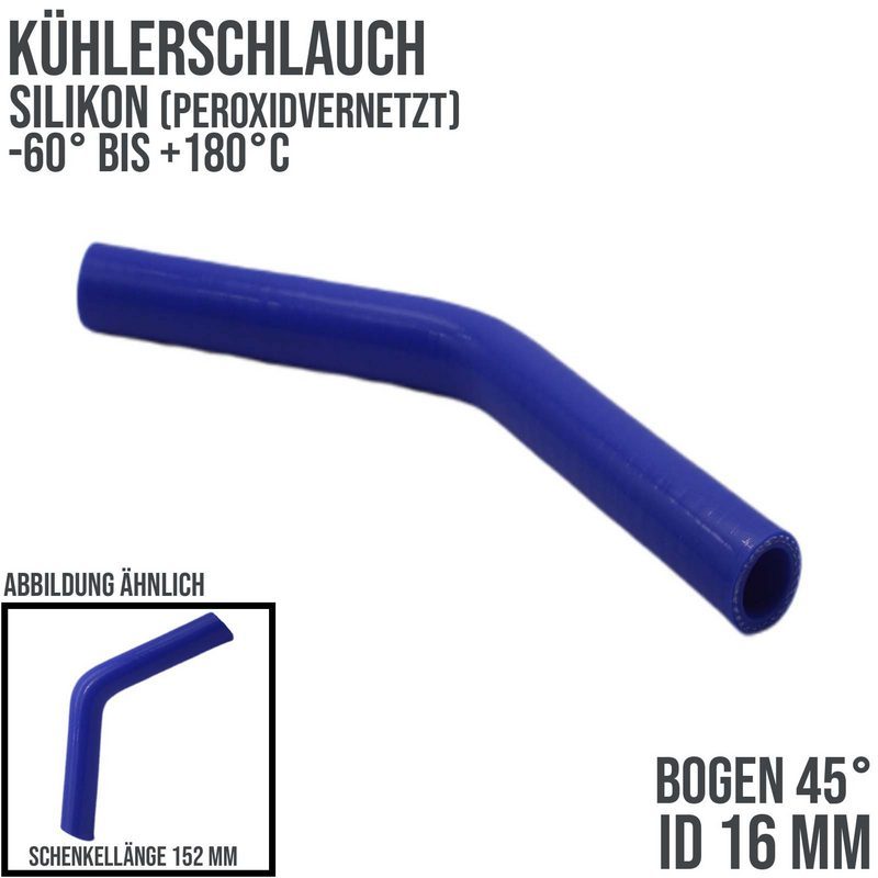 16 x 24 mm Kühlerschlauch Silikon Bogen 45° LLK Ladeluft Kühlmittel Schlauch blau (8,0 bar) - 152 mm