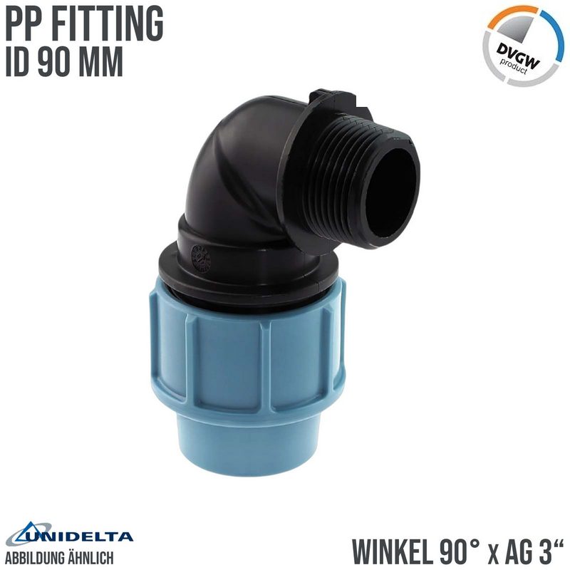 90 mm x 3" PE PP Fitting Klemm Verbinder Verschraubung Rohr Winkel 90° x AG DVGW - Unidelta