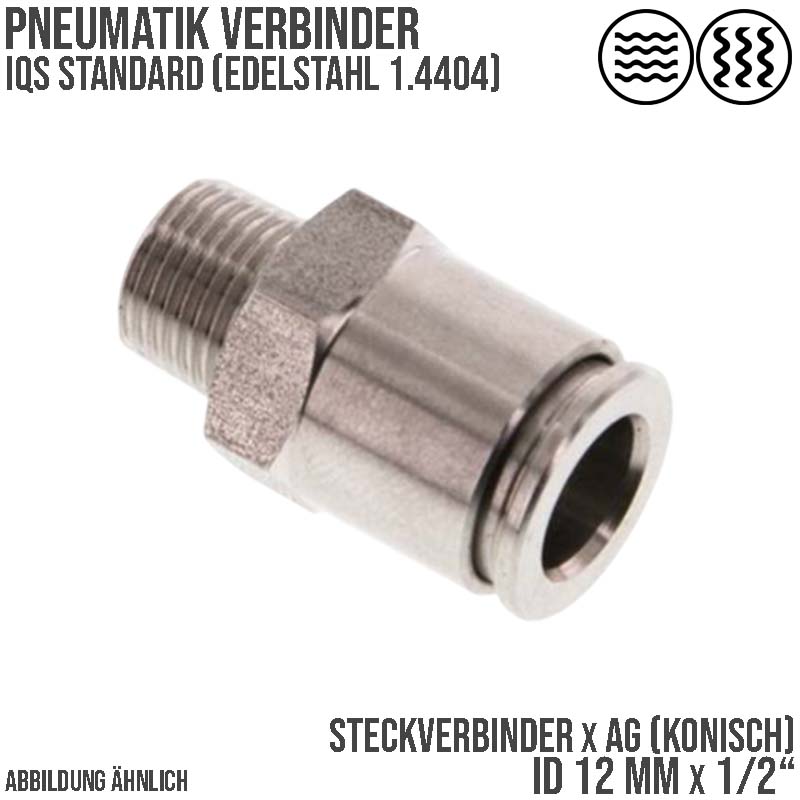 12 mm x 1/2" Pneumatik Schnell Steck Verbinder IQS Edelstahl VA 1.4404 Außengewinde konisch - PN 15 bar