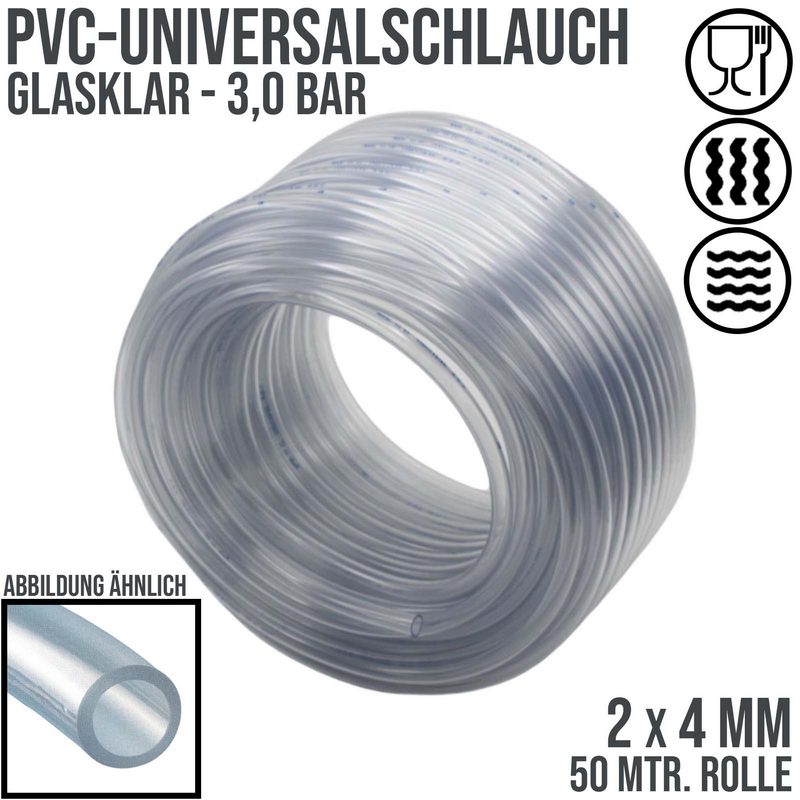 2 x 4 mm PVC Luft Filter Wasser Universal Labor Aquarium Terrarium Schlauch klar durchsichtig - PN 3 bar  - 50 m