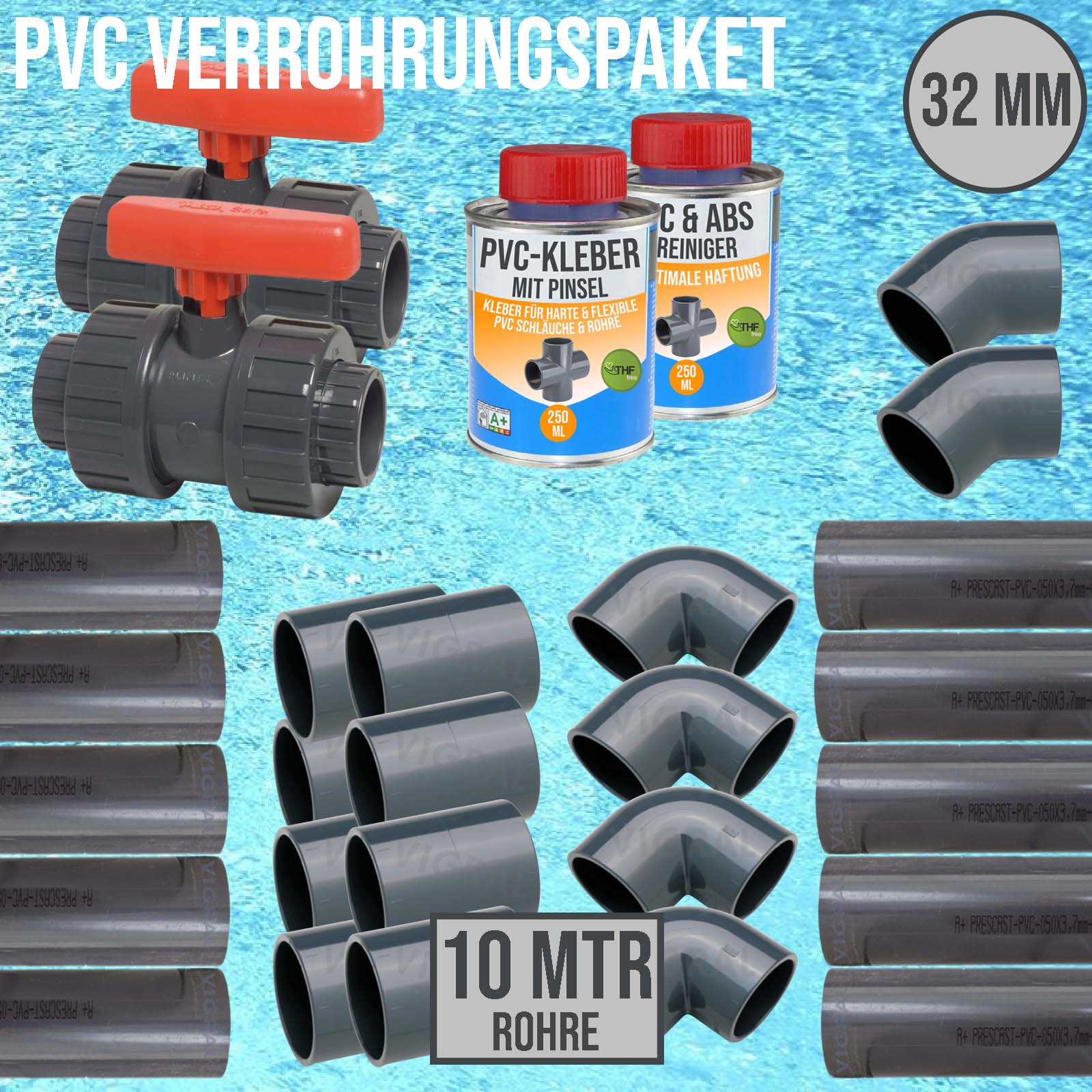 32 mm PVC Klebe Fittings Verrohrungspaket Pool Schwimmbad Schlauch Rohr FEST - 10 m - rot