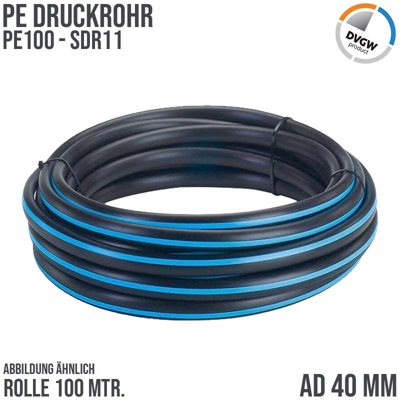 40 x 3,7 mm PE PP Rohr HD Druckrohr Trink Brauch Wasser PE 100 DVGW SDR 11 PN 12,5 bar - 100 m Rolle