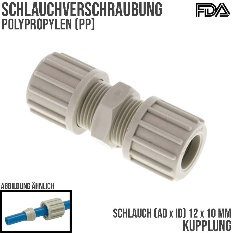 12 x 10 mm Kupplung PA PP Schlauch Verschraubung Verbinder FDA - PN 10 bar