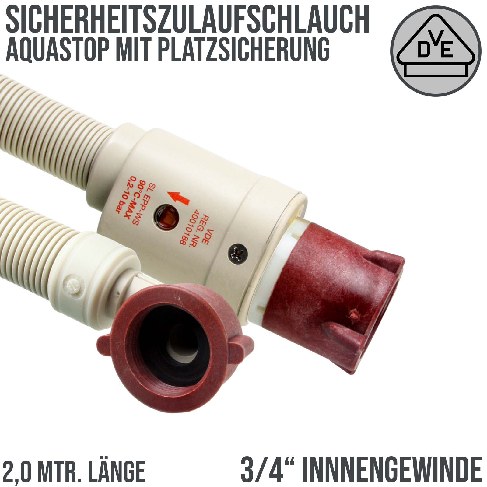 3/4" Aquastop Sicherheits Zulauf Schlauch Waschmaschine Geschirrspüler VDE 2,0 m