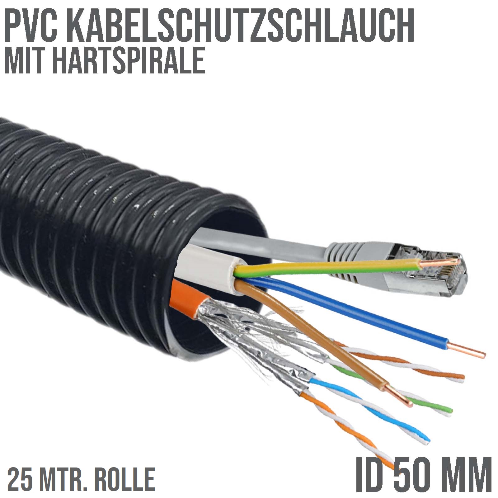 50 mm 2" Zoll PVC Kabel Schutz Leer Spiral Schlauch Rohr Leitung Strom Wellrohr - 25 m 