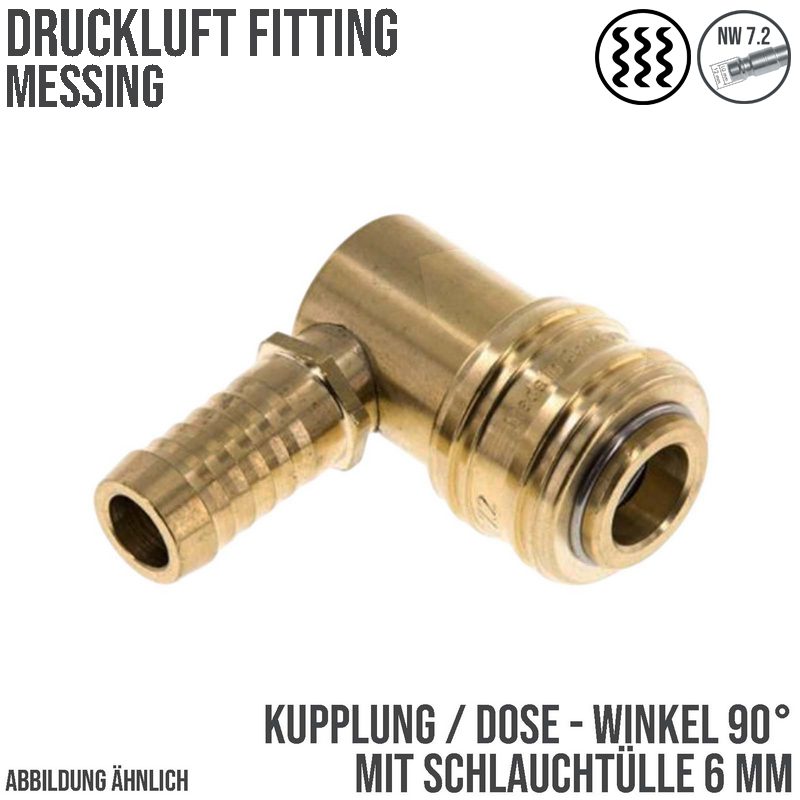 6 mm Druckluft Kupplung Dose Schnell Schlauch Winkel 90° Tülle Messing NW 7,2 LW - PN 35 bar