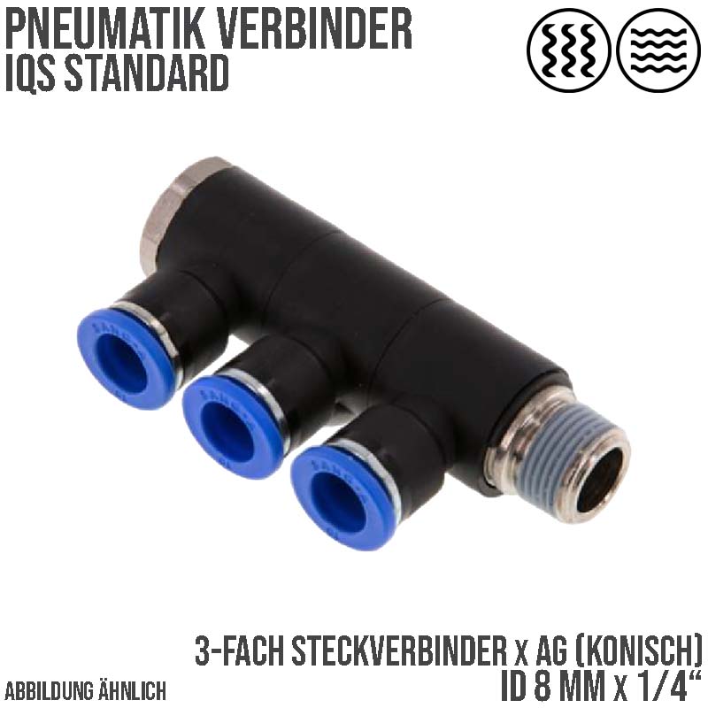 8 mm x 1/4" Pneumatik Steck Verbinder 3-fach Verteiler IQS Außengewinde konisch - PN 20 bar