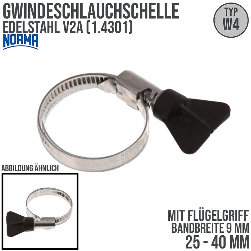 25 - 40 mm NORMA Schlauch Gewinde Rohr Schelle W4 Edelstahl 1.4301 Flügelgriff - Band 9 mm
