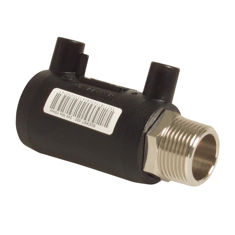 50 mm PE 100 Elektro Schweiß Fitting Muffe x Außengewinde 50 mm x 1 1/2" SDR 7,4 DVGW 24 VAC schwarz