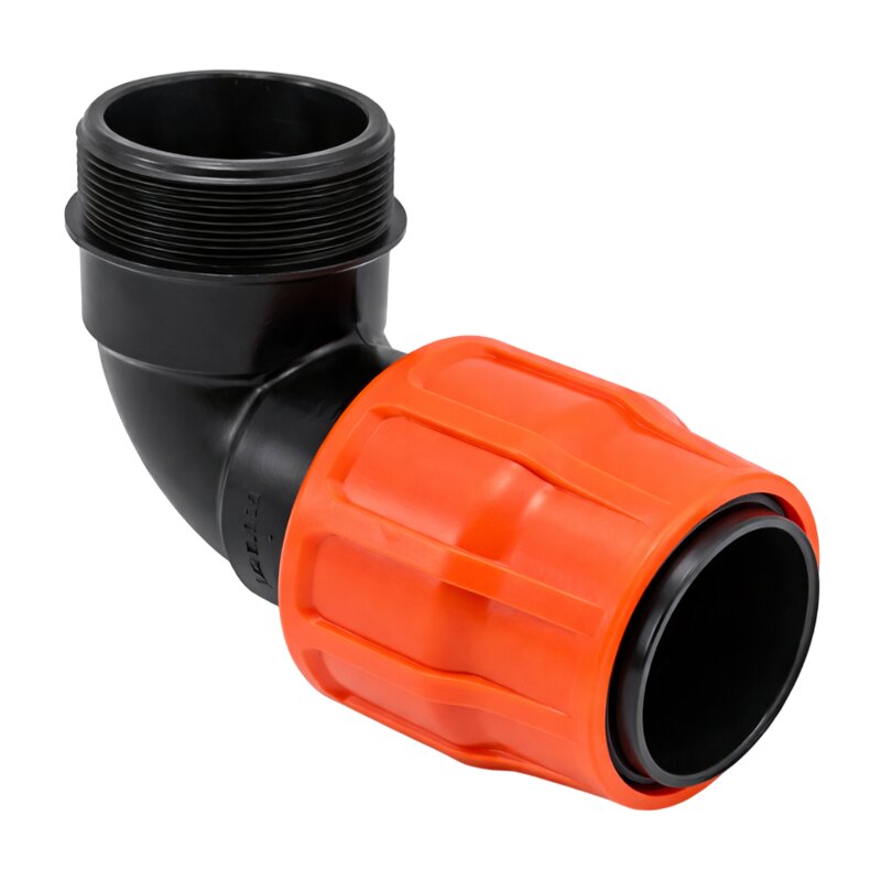63 mm x 2 1/2" PE PP Fitting Layflat Klemm Verbinder Winkel 90° x Außengewinde AG Flach Schlauch - PN 10 bar