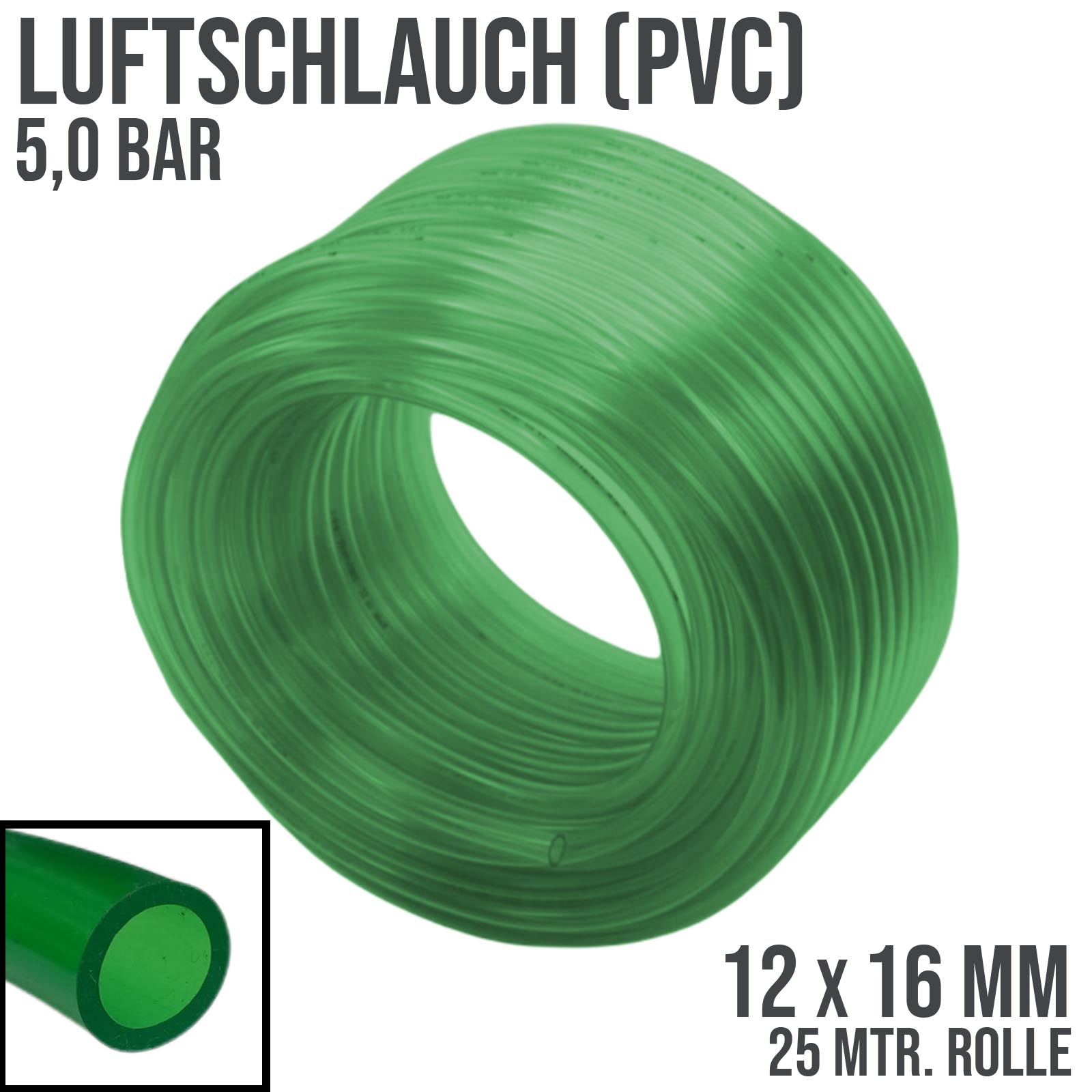 12 x 16 mm PVC Luft Filter Wasser Universal Labor Aquarium Terrarium Schlauch grün transparent - PN 5 bar - 25 m