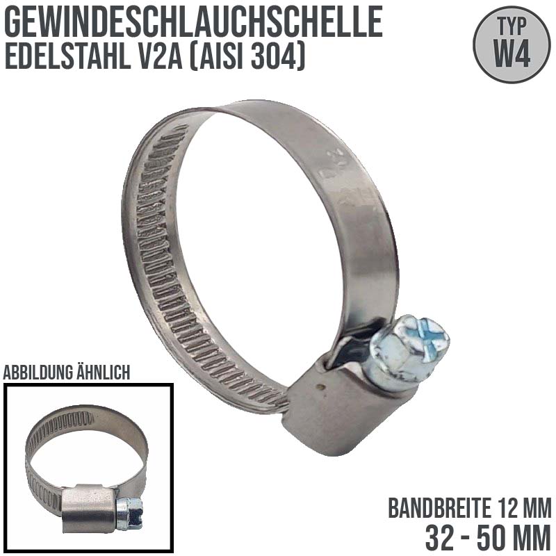 35 - 50 mm Schlauchschelle W4 Edelstahl AISI 316 Rohr Gewinde Schelle - Band: 12 mm