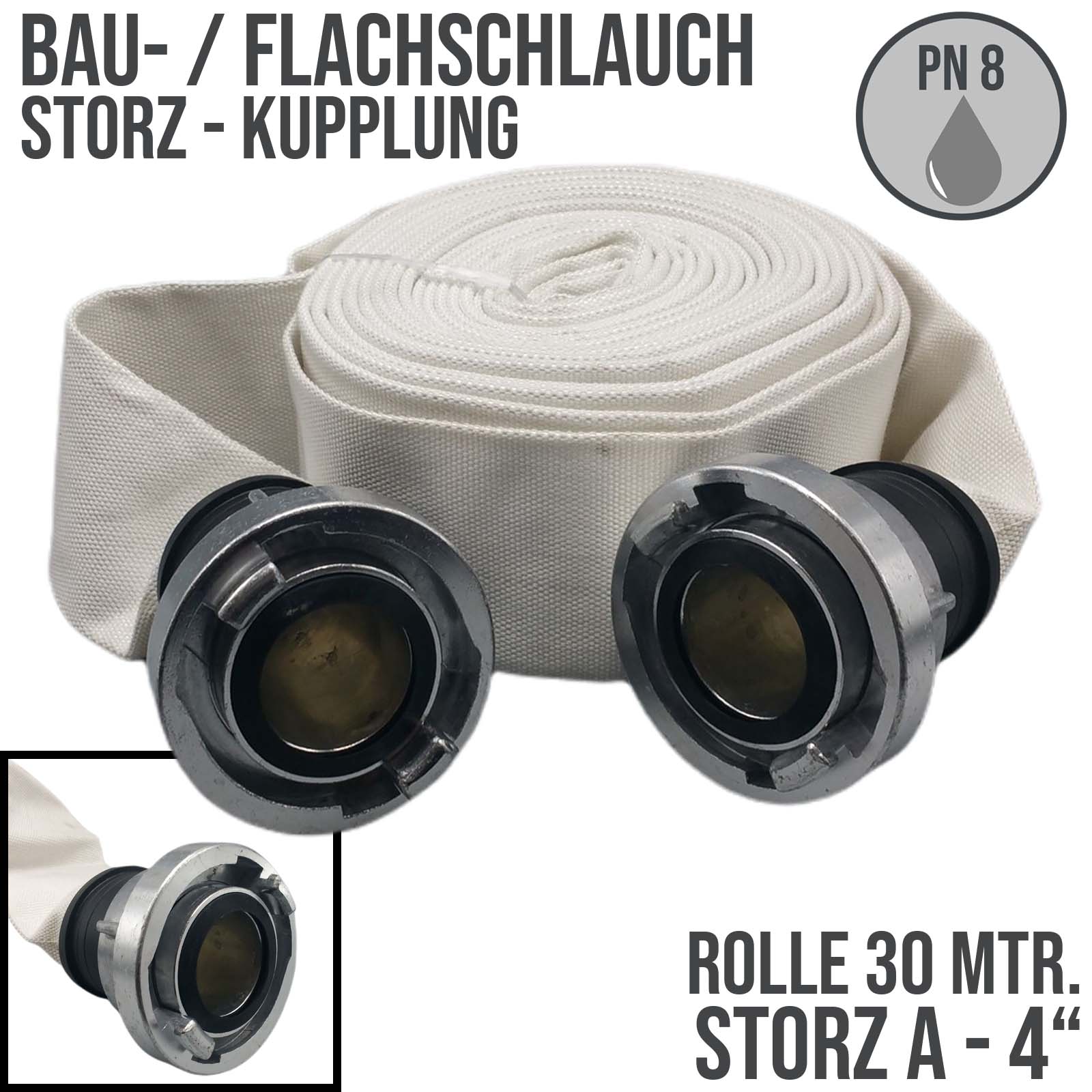STORZ A KA 133 102 mm 4" Bau Feuerwehr Flach Pumpen Industrie Schlauch Garnitur PN 7 bar - 30 m