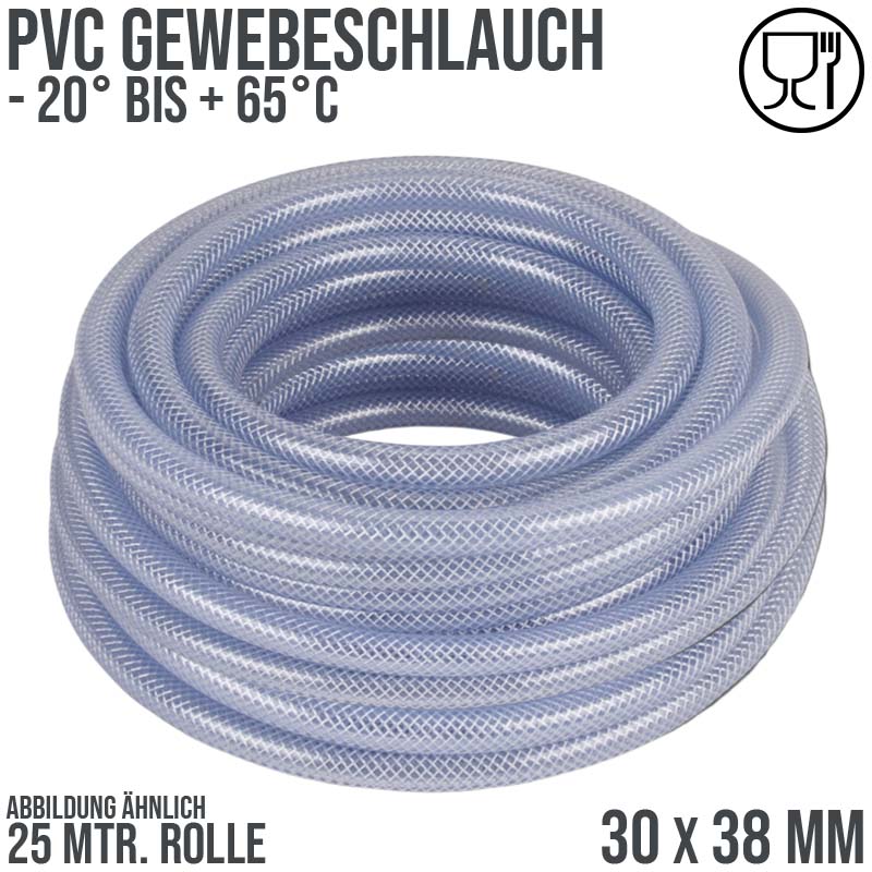 30 x 38  mm Gewebe Druckluft Universal Wasser Luft Kompressor Schlauch transparent PN 7 bar - 25 m