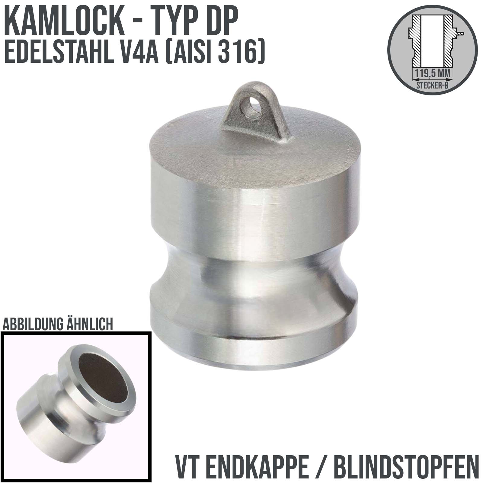 Kamlock Typ DP - Blind Stopfen Edelstahl V4A (AISI 316) Verschluss Kappe 119,5mm - 4" Zoll DN100 - PN 7 bar