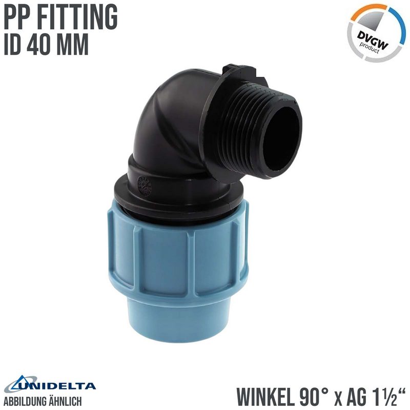 40 mm x 1 1/2" PE PP Fitting Klemm Verbinder Verschraubung Rohr Winkel 90° x AG DVGW - Unidelta