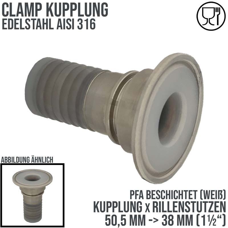 CLAMP Kupplung 50,5 mm Schlauch Rillen Stutzen Tülle PFA beschichtet 38 mm 1 1/2" - PN 16 bar