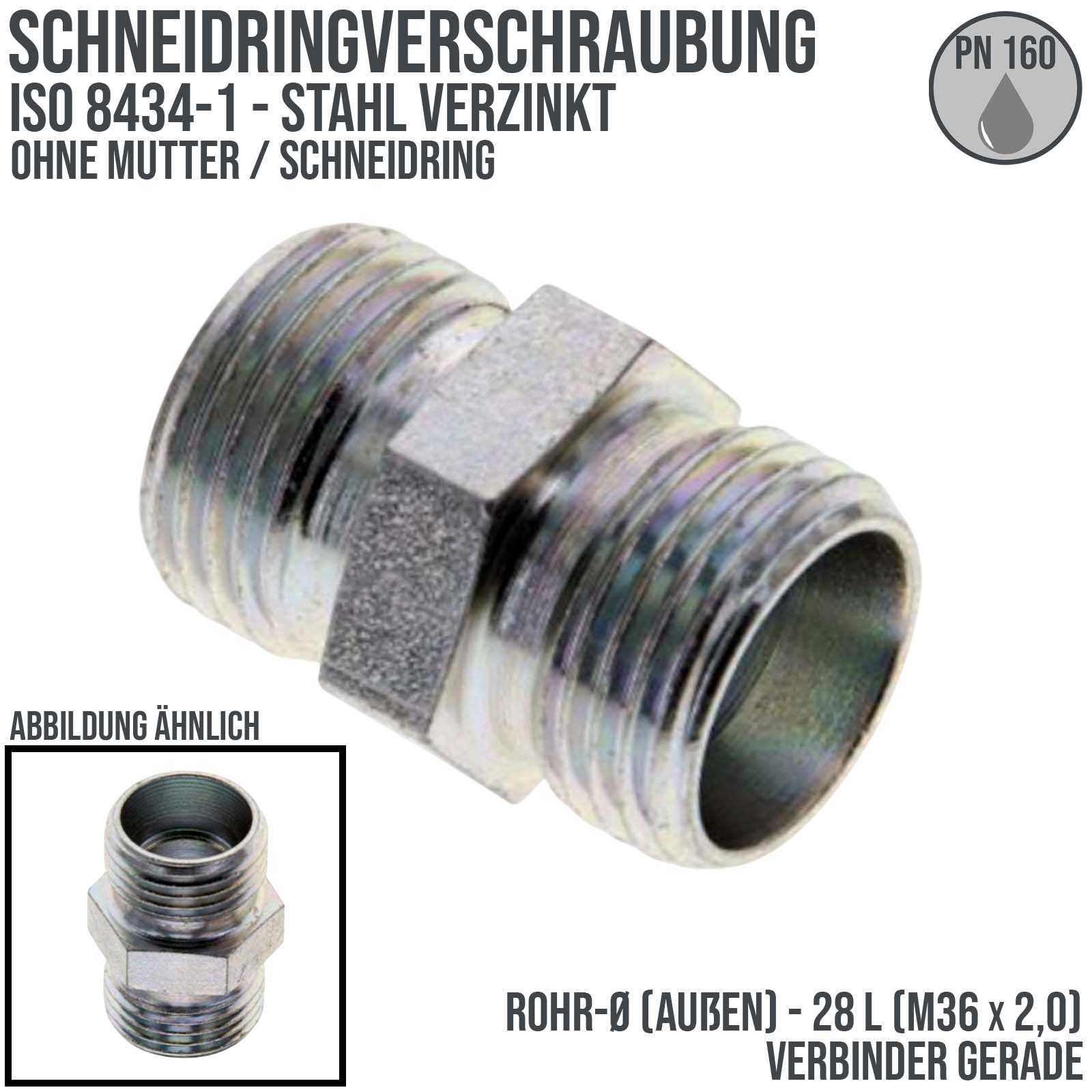 28 L Schneidring Verschraubung gerader Verbinder M 36 x 2,0 AG ohne Mutter / Schneidring - PN 160 bar