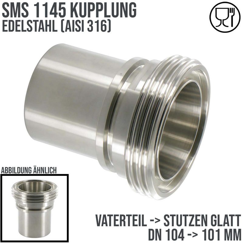 DN 100 SMS Kupplung 1145 Vaterteil VT Außengewinde Sicherungsbund - Stutzen glatt 100 mm - PN 25 bar
