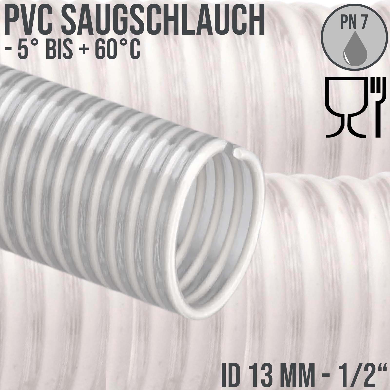 13 mm 1/2" Zoll Saug Ansaug Spiral Förder Pumpen Schlauch Lebensmittel Saatgut weiß PN 7 bar
