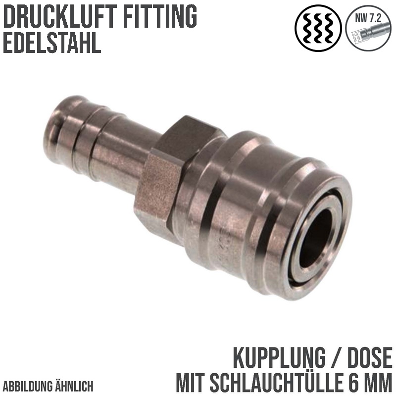 6 mm Druckluft Kupplung Dose Schnell Edelstahl NW 7,2 Tülle LW - PN 35 bar