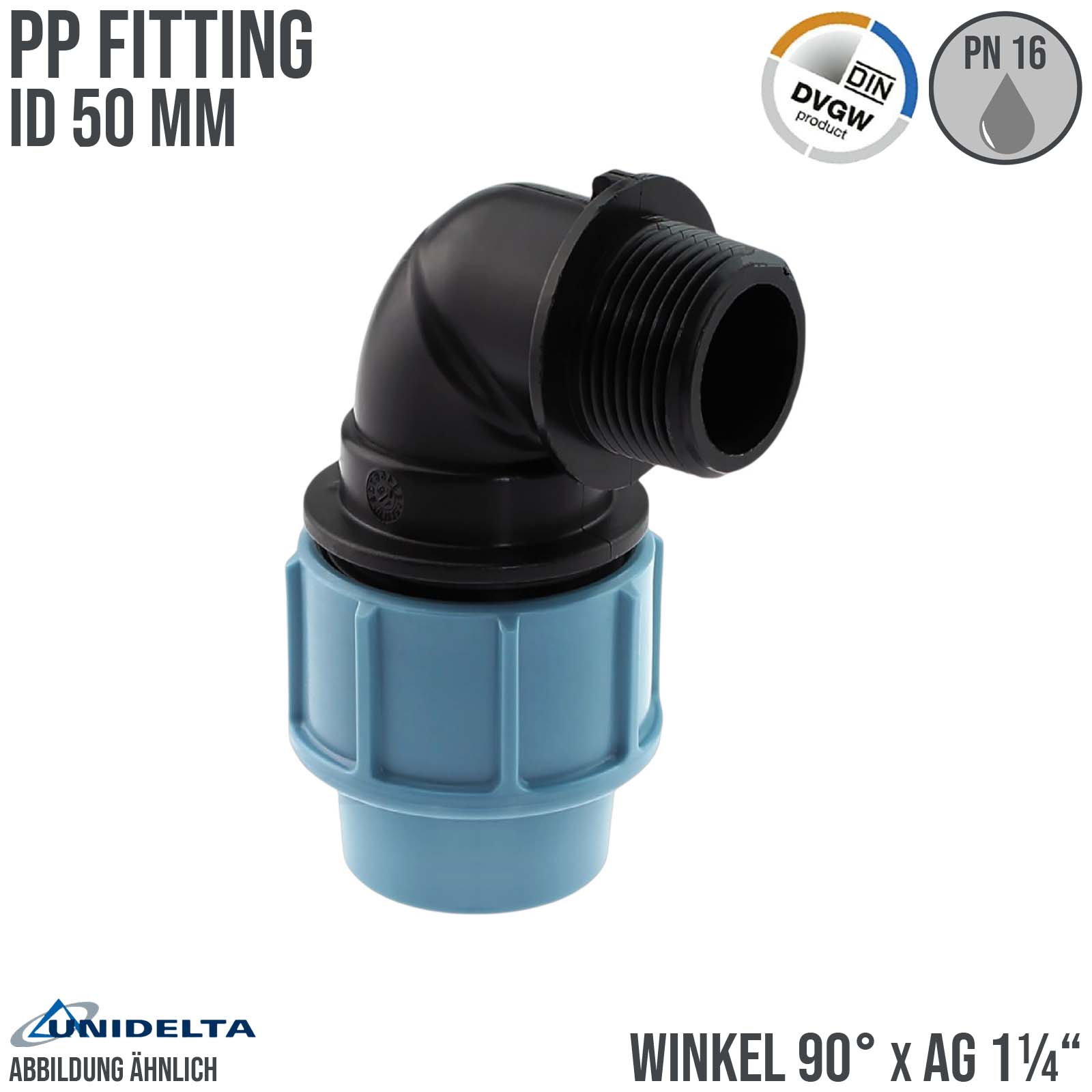 50 mm x 1 1/4" PE PP Fitting Klemm Verbinder Verschraubung Rohr Winkel 90° x AG DVGW - Unidelta 
