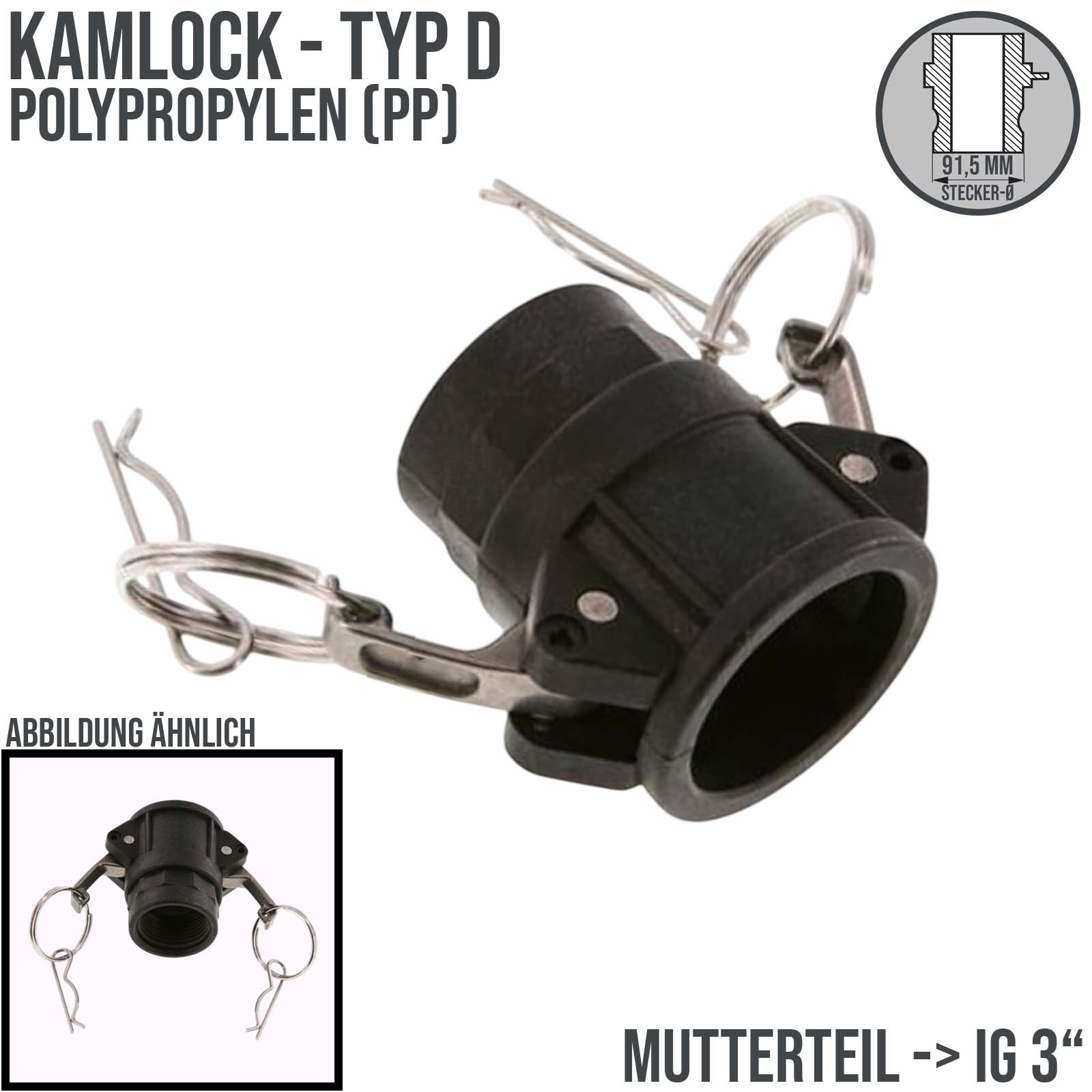 Kamlock Typ D - Mutterteil Polypropylen PP mit Innengewinde (IG) für Stecker 91,5 mm - 3" Zoll DN63 DN65 - PN 5 bar