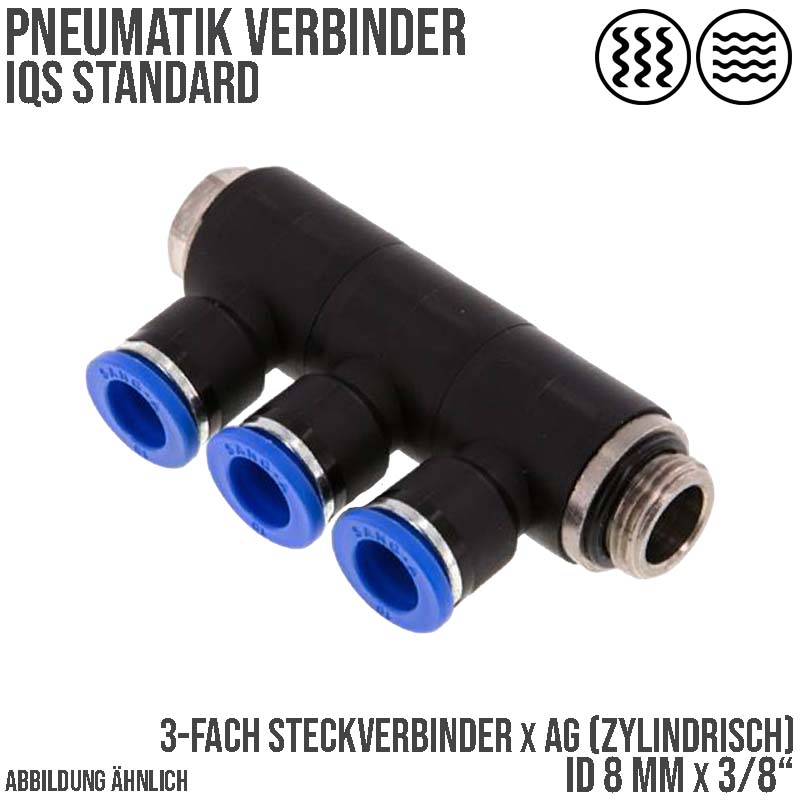 8 mm x 3/8" Pneumatik Steck Verbinder 3-fach Verteiler IQS Außengewinde zylindrisch - PN 20 bar
