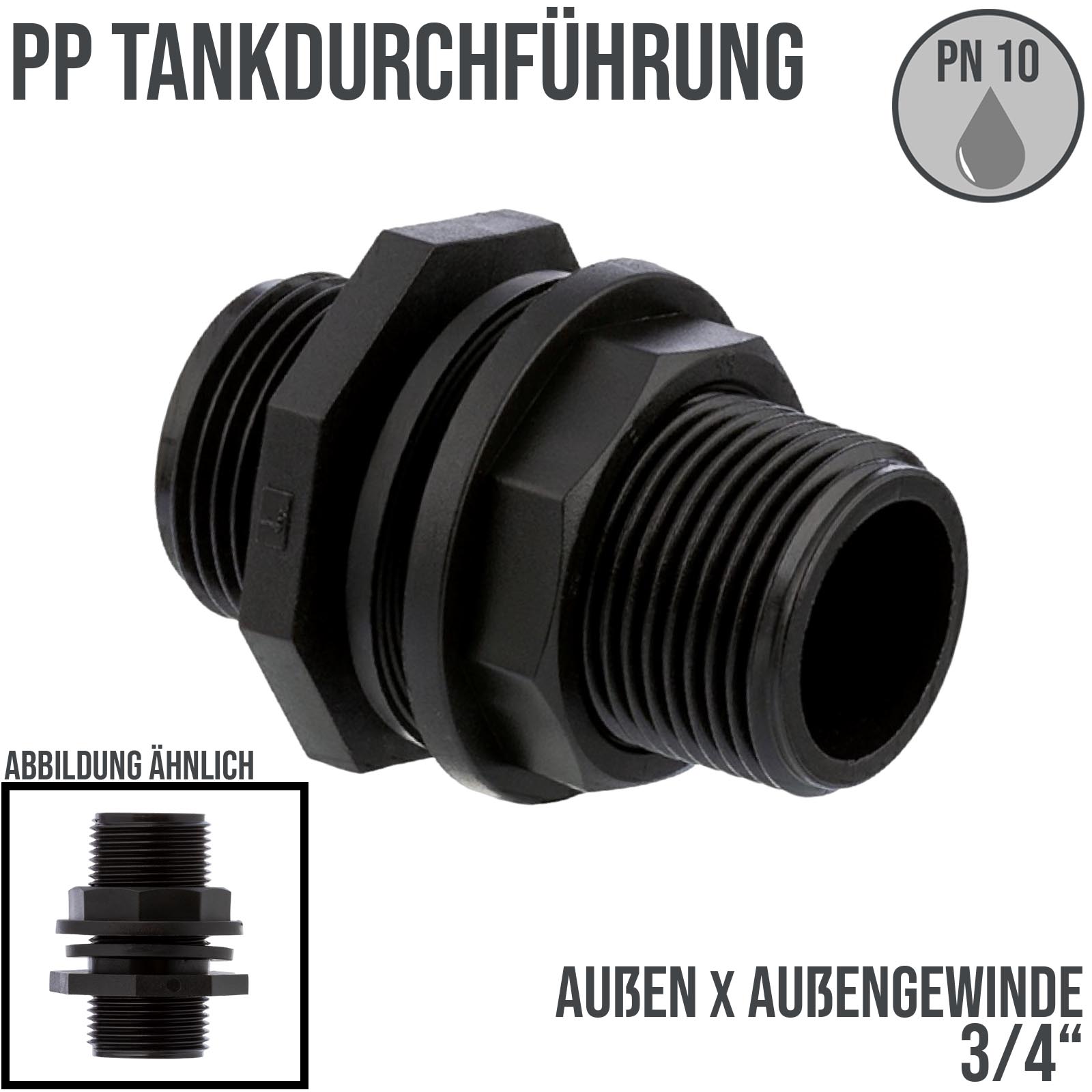 3/4" PP Tank Regen Tonnen Durchführung Connector 2-fach Außengewinde  - PN 10 bar