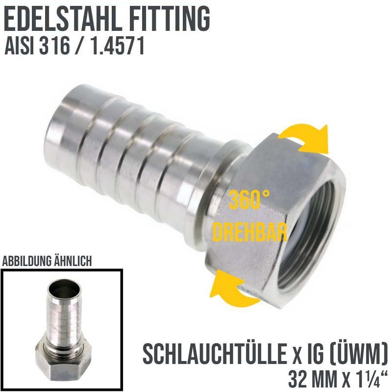 1 1/4" x 32 mm Schlauch Tülle Stutzen Innengewinde IG ÜWM Nippel Edelstahl AISI 316 VA Fitting - PN 18 bar