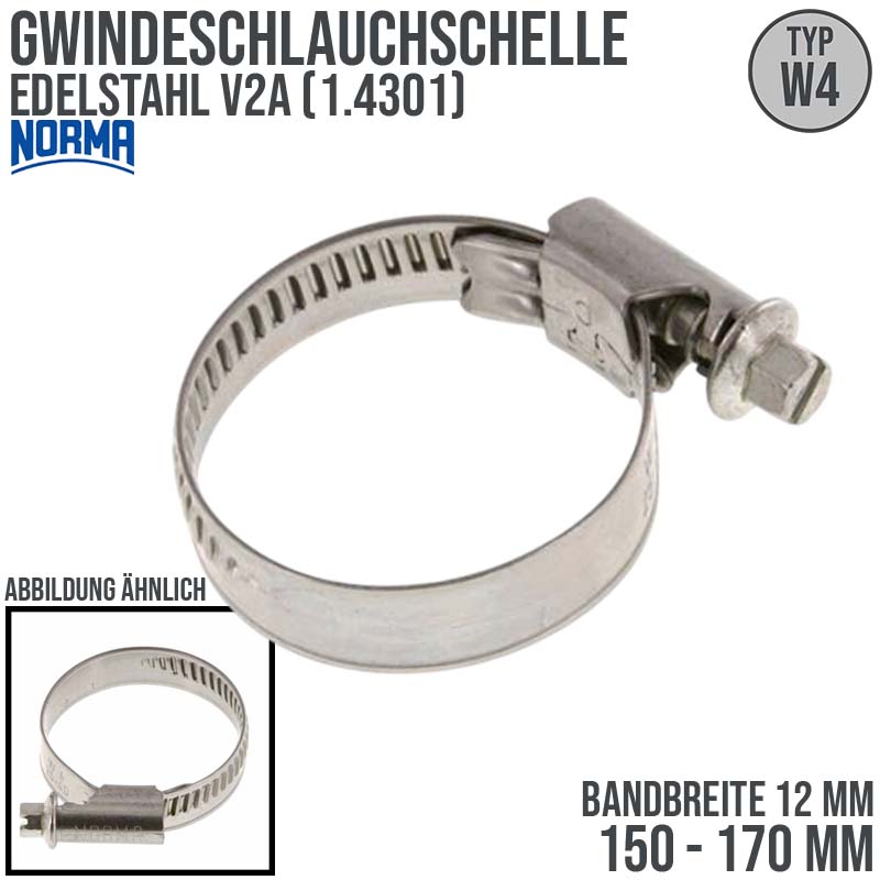 150 - 170 mm NORMA Schlauch Gewinde Rohr Schelle W4 Edelstahl 1.4301 - Band 12 mm