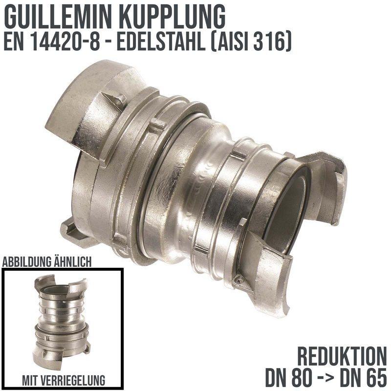 DN 80 -> DN 65 Guillemin Kupplung Reduktion Reduzierer Übergangsstück Verriegelung Edelstahl AISI 316 - PN 16 bar