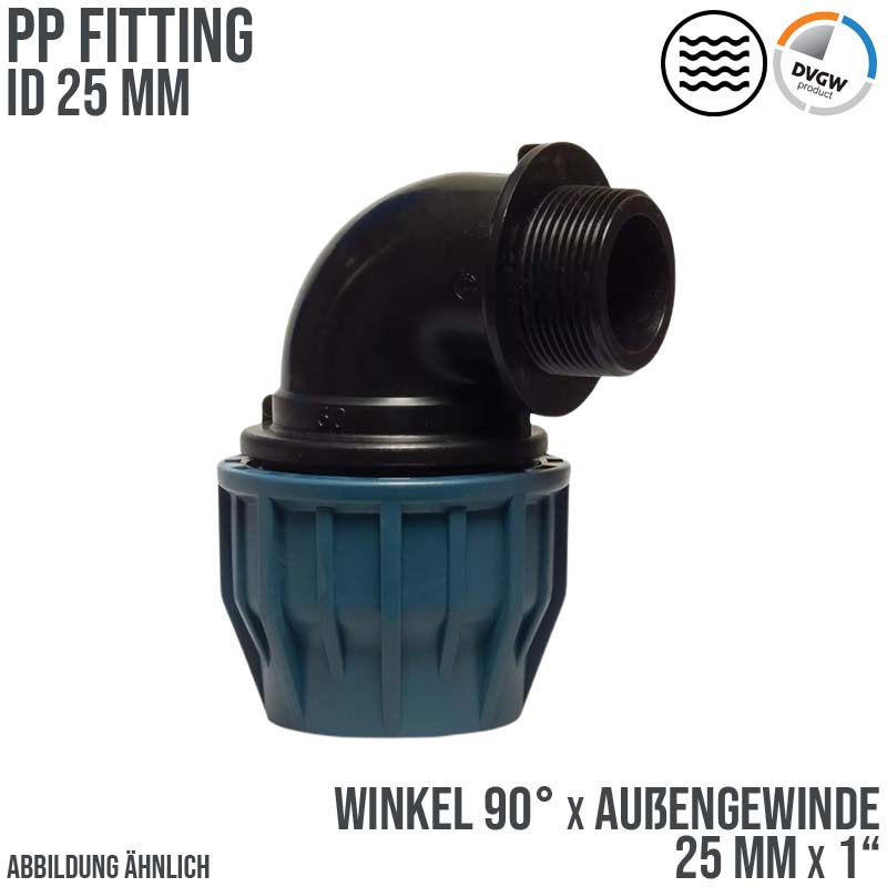 25 mm x 1" PE PP Fitting Klemm Verbinder Verschraubung Rohr Winkel 90° x AG DVGW - PN 16 bar