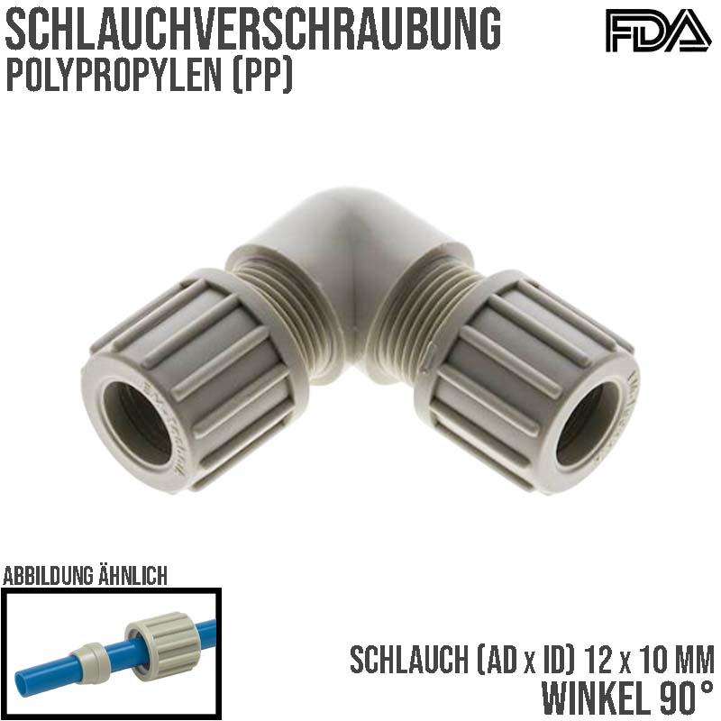 12 x 10 mm Winkel 90° Kupplung PA PP Schlauch Verschraubung Verbinder FDA - PN 10 bar