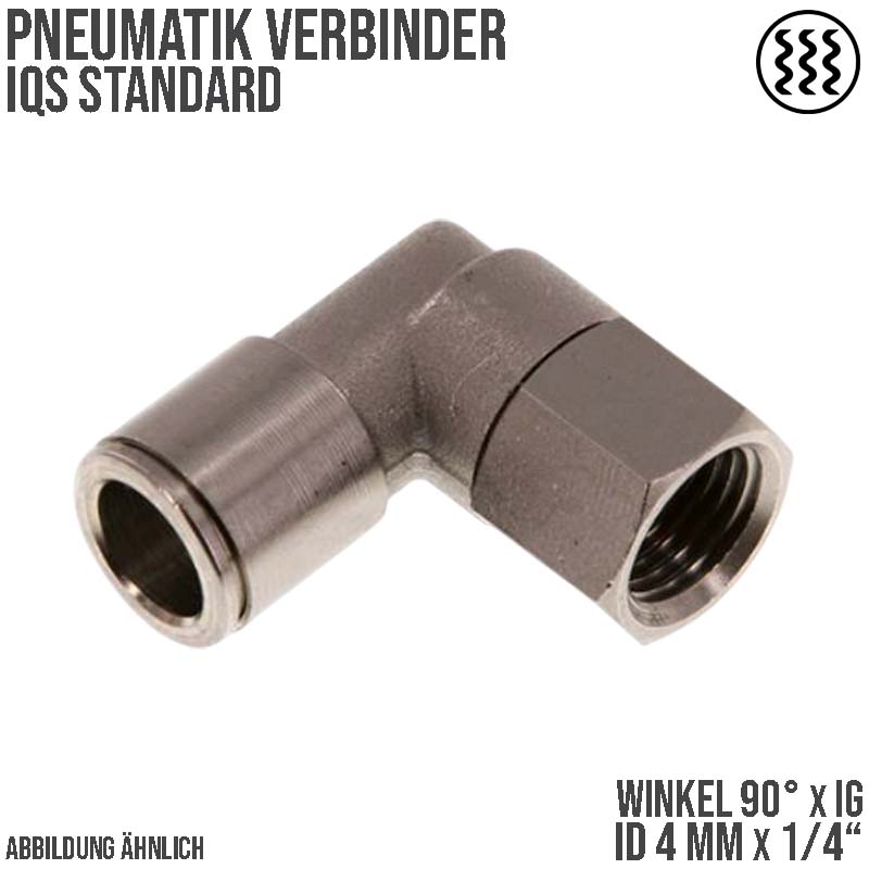 4 mm x 1/4" Pneumatik Steck Verbinder Winkel 90° IQS MSV Messing Innengewinde - PN 16 bar