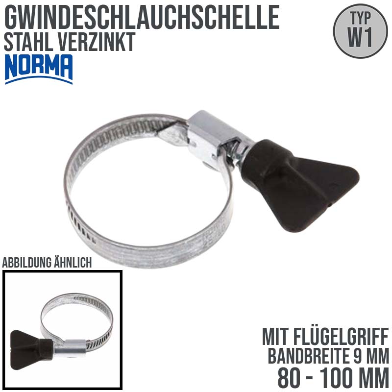 80 - 100 mm NORMA Schlauch Gewinde Rohr Schelle W1 Stahl verzinkt Flügelgriff - Band 9 mm