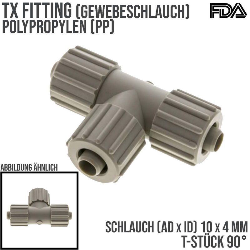 10 x 4 mm T-Stück 90° TX Fitting Gewebe Schlauch Verbinder FDA PP beige - PN 10 bar