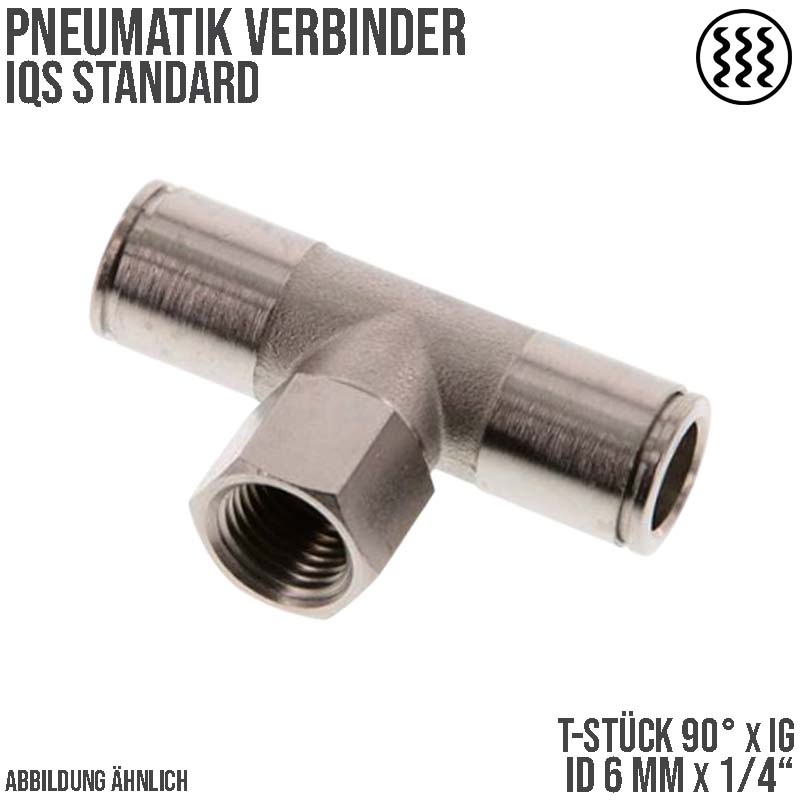 6 mm x 1/4" Pneumatik Steck Verbinder T-Stück 90° IQS MSV Messing Innengewinde - PN 16 bar