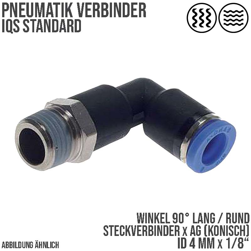 4 mm x 1/8" Pneumatik Steck Verbinder Winkel 90° rund lang rund IQS Außengewinde konisch - PN 20 bar