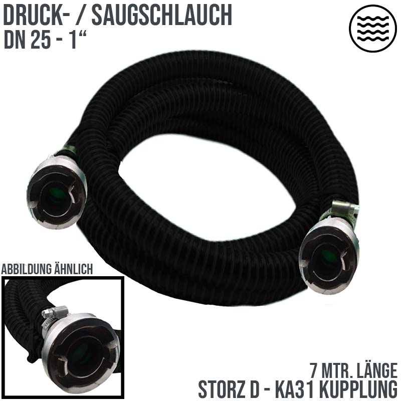 STORZ D DN25 KA31 - 25 mm 1" PVC Saug Ansaug Pumpen Spiral Schlauch PN 5 bar schwarz - 7 m Rolle