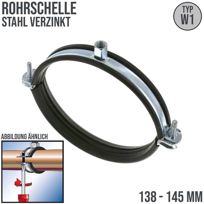 138 - 145 mm Rohr Schraub Schelle Klemme Gummieinlage Fischer M8 M10 2-teilig W1 Stahl verzinkt DIN 4109