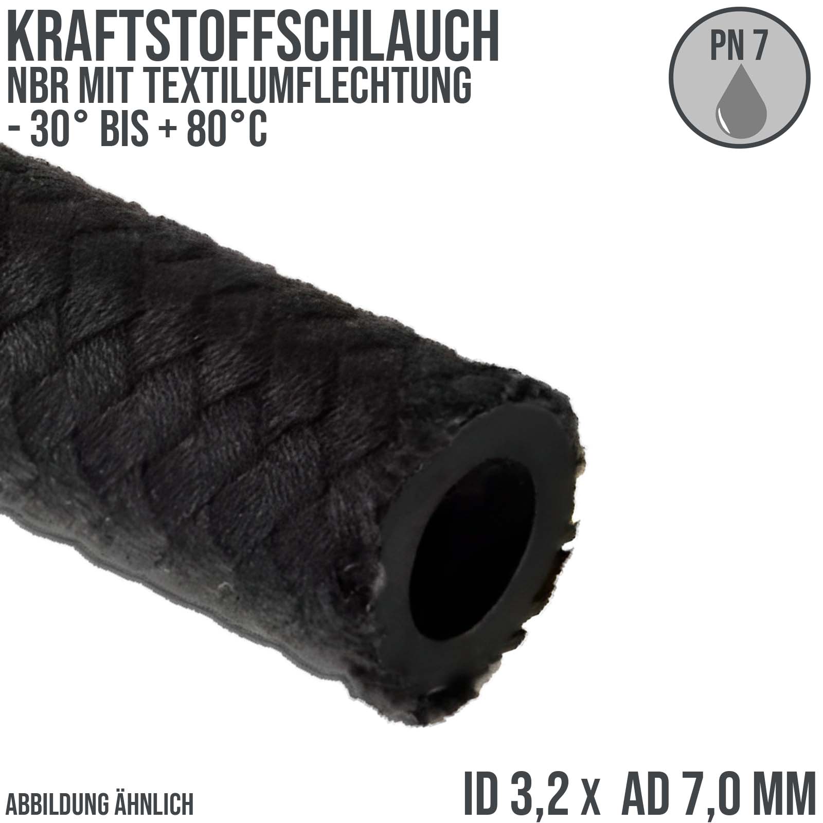 3,2 x 7,0 mm Kraftstoff Benzin Öl Schlauch Textilgeflecht NBR schwarz DIN 73379 - PN 7 bar