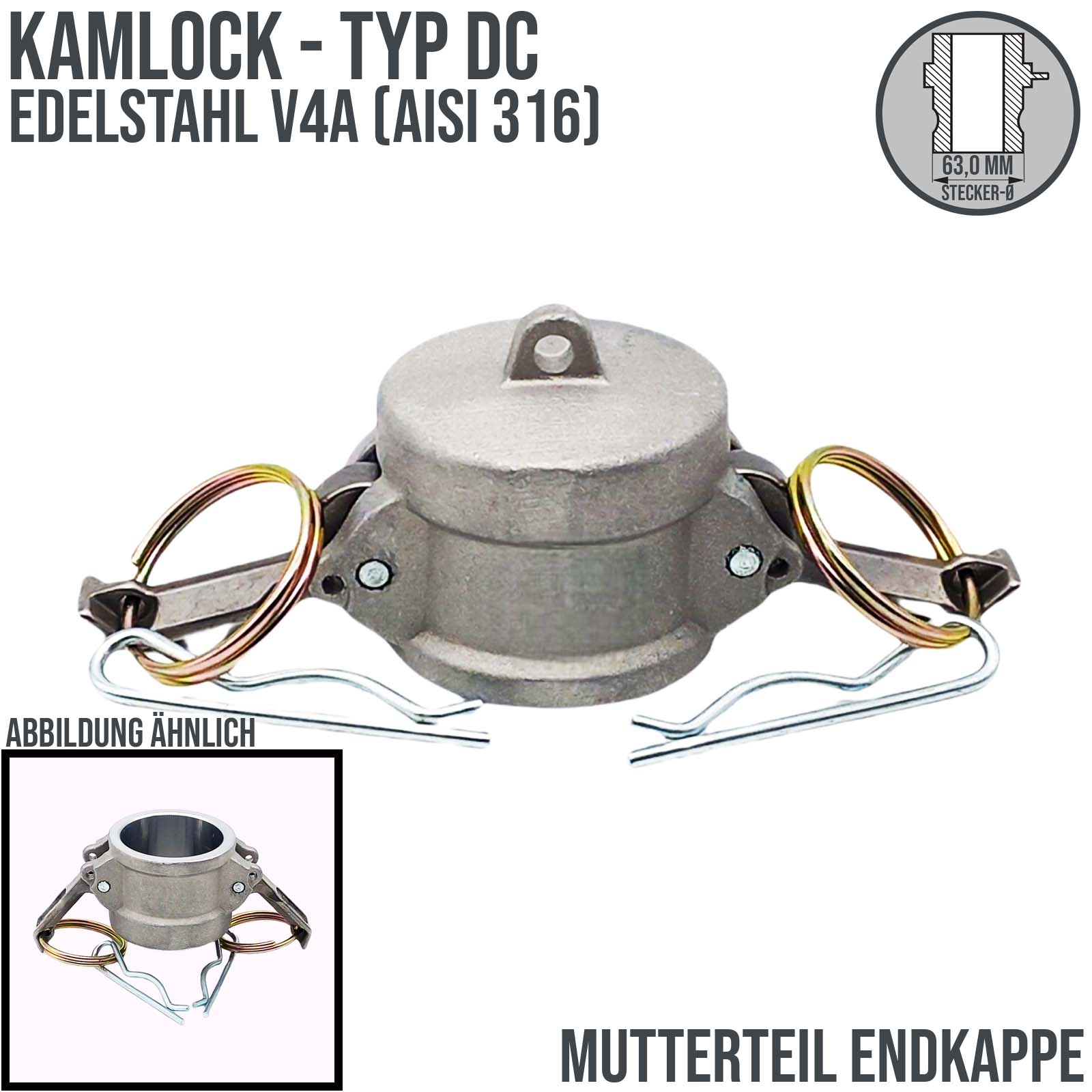 Kamlock Typ DC - End Kappe Edelstahl V2A (AISI 316) Stopfen Verschluss 63,0 mm 2" Zoll DN50 - PN 10 bar