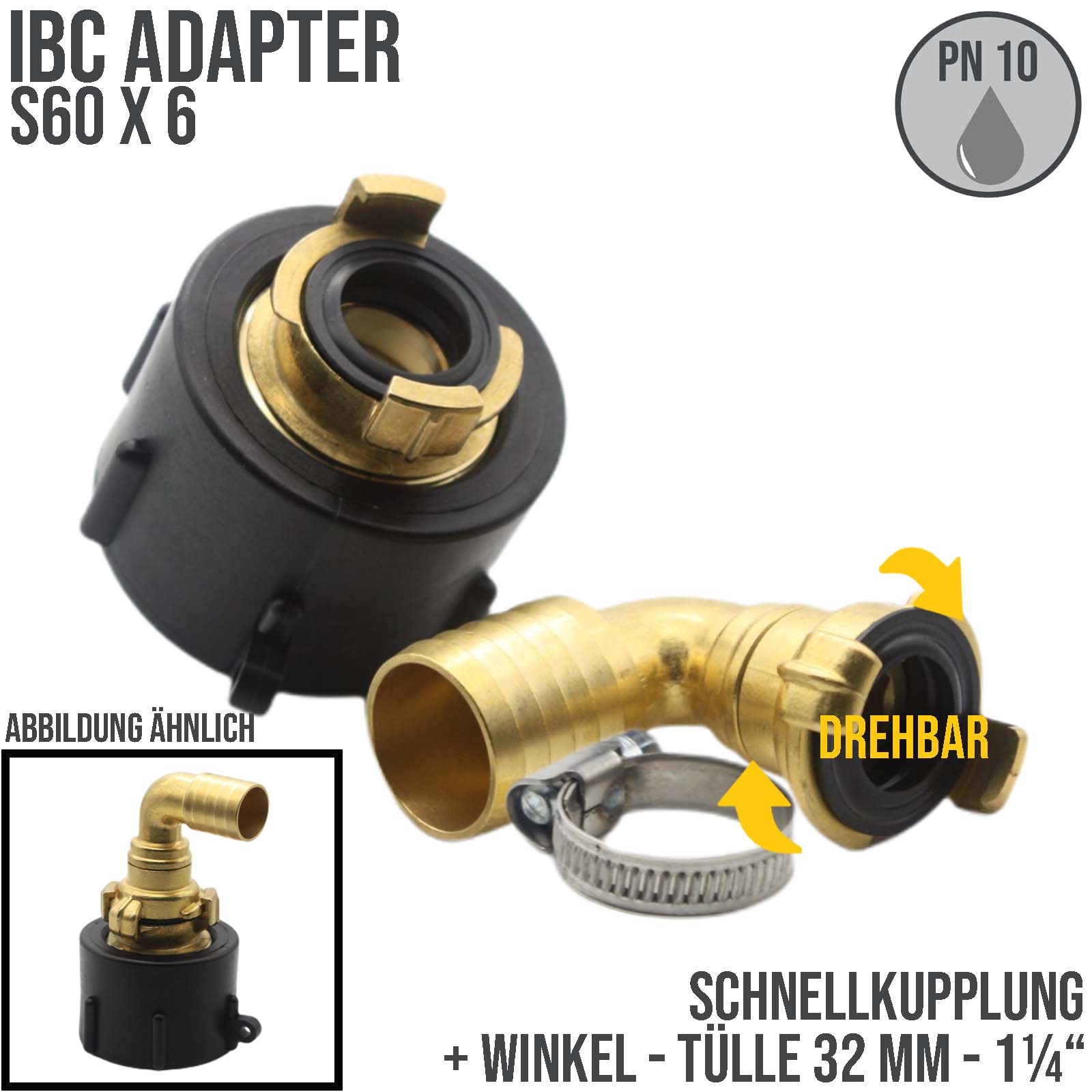 S60 x 6 IBC Adapter auf Schnellanschluss + 90° Kupplung drehbar 1 1/4" 32mm Container Tank Zubehör (GEKA kompatibel) 