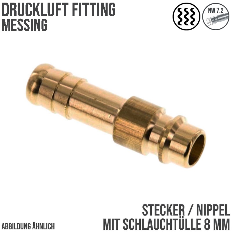 8 mm Druckluft Stecker Nippel Einsteck Schlauch Tülle Messing NW 7,2 LW - PN 35 bar